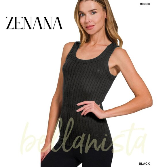 2205 ZENANA Black Soft Melange Hacci Ribbed Tank Top - Picture 1 of 1
